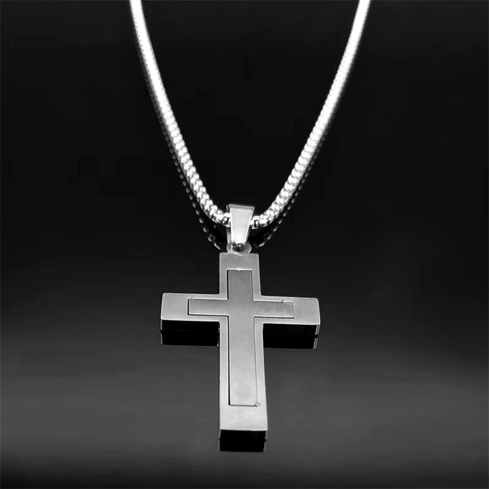 3D Cross Design Crucifix Stainless Steel Silver Color Pendant 23" Chain Jewelry - Picture 3 of 4